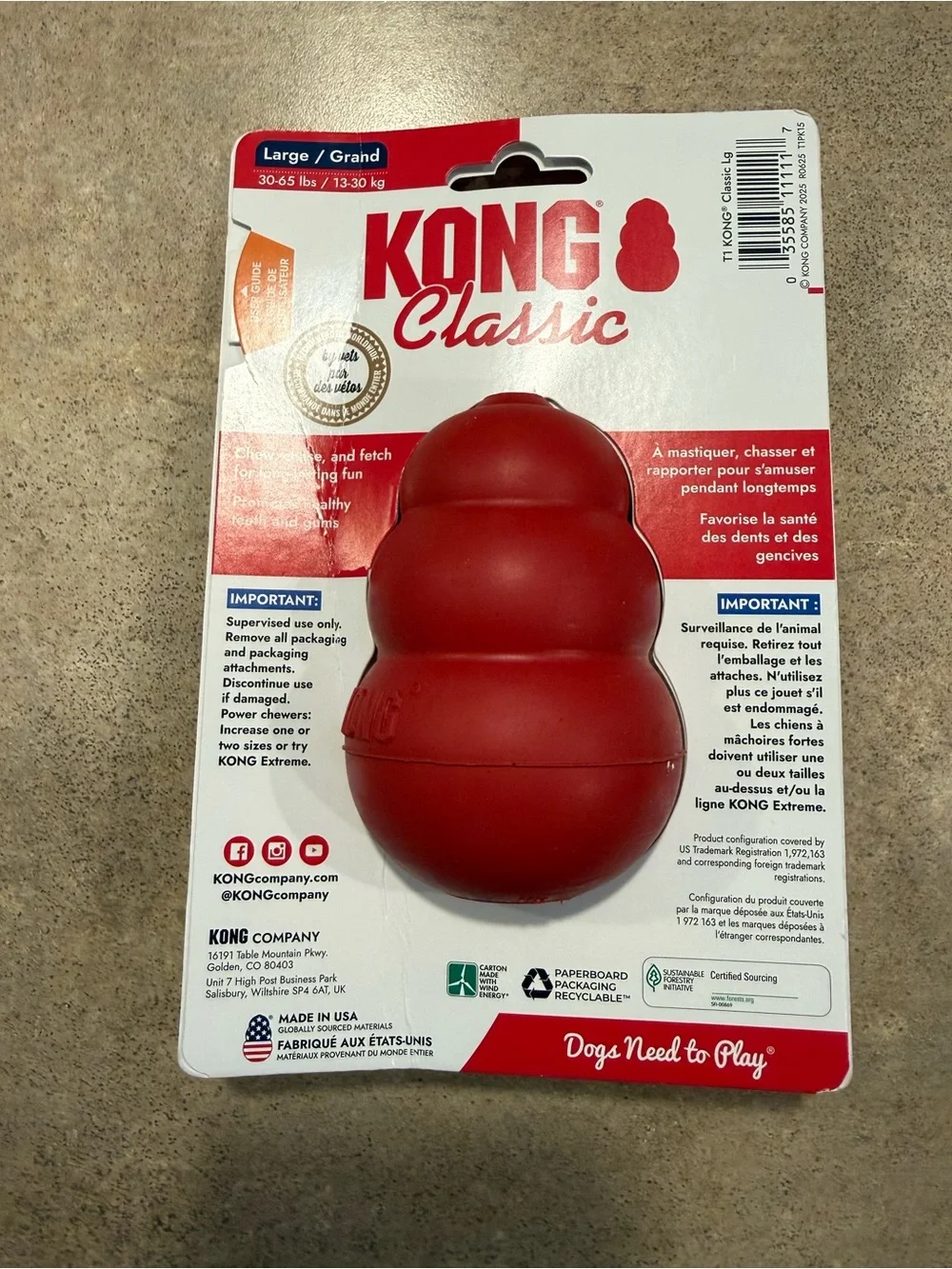 New KONG Classic Red Large Durable Natural Rubber Dog Chew Treat Toy NWT